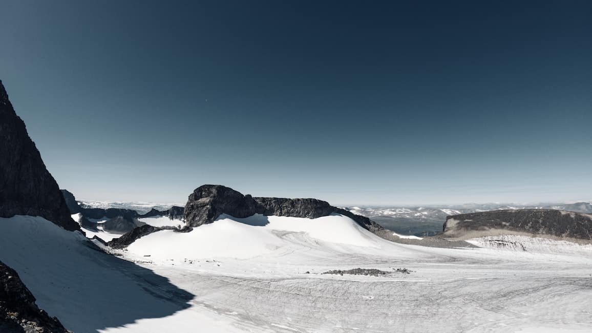 View over Styggebreen glacier with Jotunheimen at the horizon